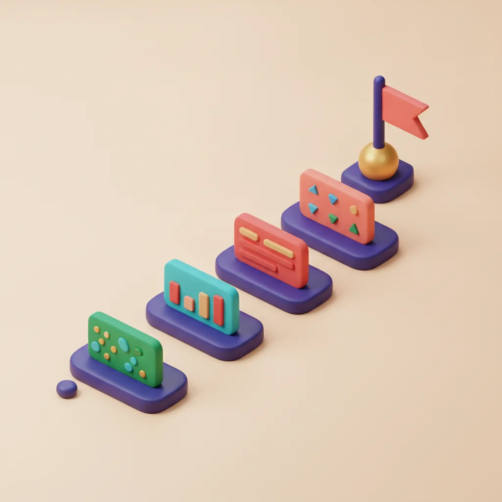 Chemin d'apprentissage ascendant jalonné d'étapes et d'un drapeau d'arrivée, illustration 3D en pâte à modeler