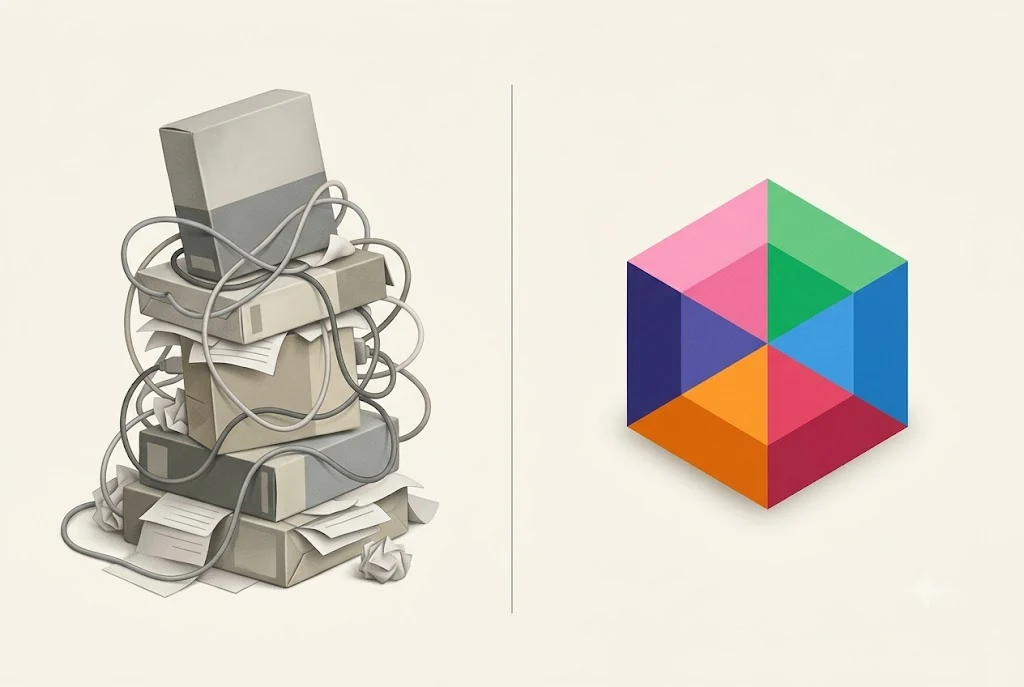 À gauche, une pile instable d'outils dépareillés reliés par des câbles ; à droite, un seul volume hexagonal aux six couleurs de la suite U.