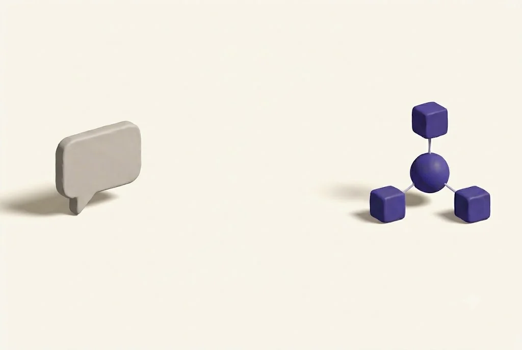 Diptyque : à gauche un chatbot générique isolé, à droite une IA branchée sur toute la chaîne - auteur, diffusion, preuve.
