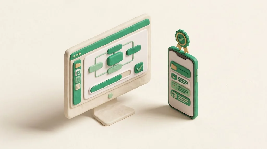 Vue de trois-quarts d'un espace apprenant : cours, quiz et badges qui convergent vers un même tableau de progression.