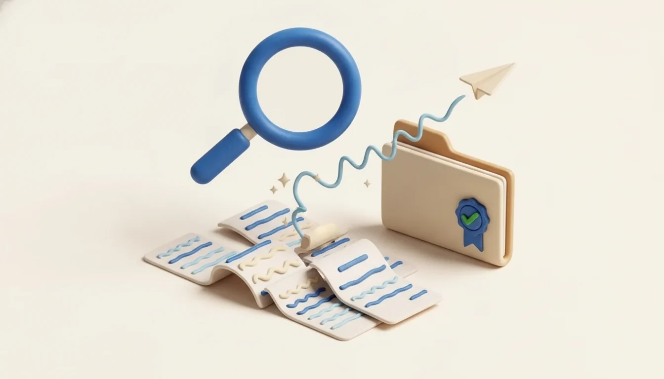 Une loupe au-dessus de sources qui convergent vers un dossier à sceau validé et une newsletter qui s'envole - veille Qualiopi automatisée.