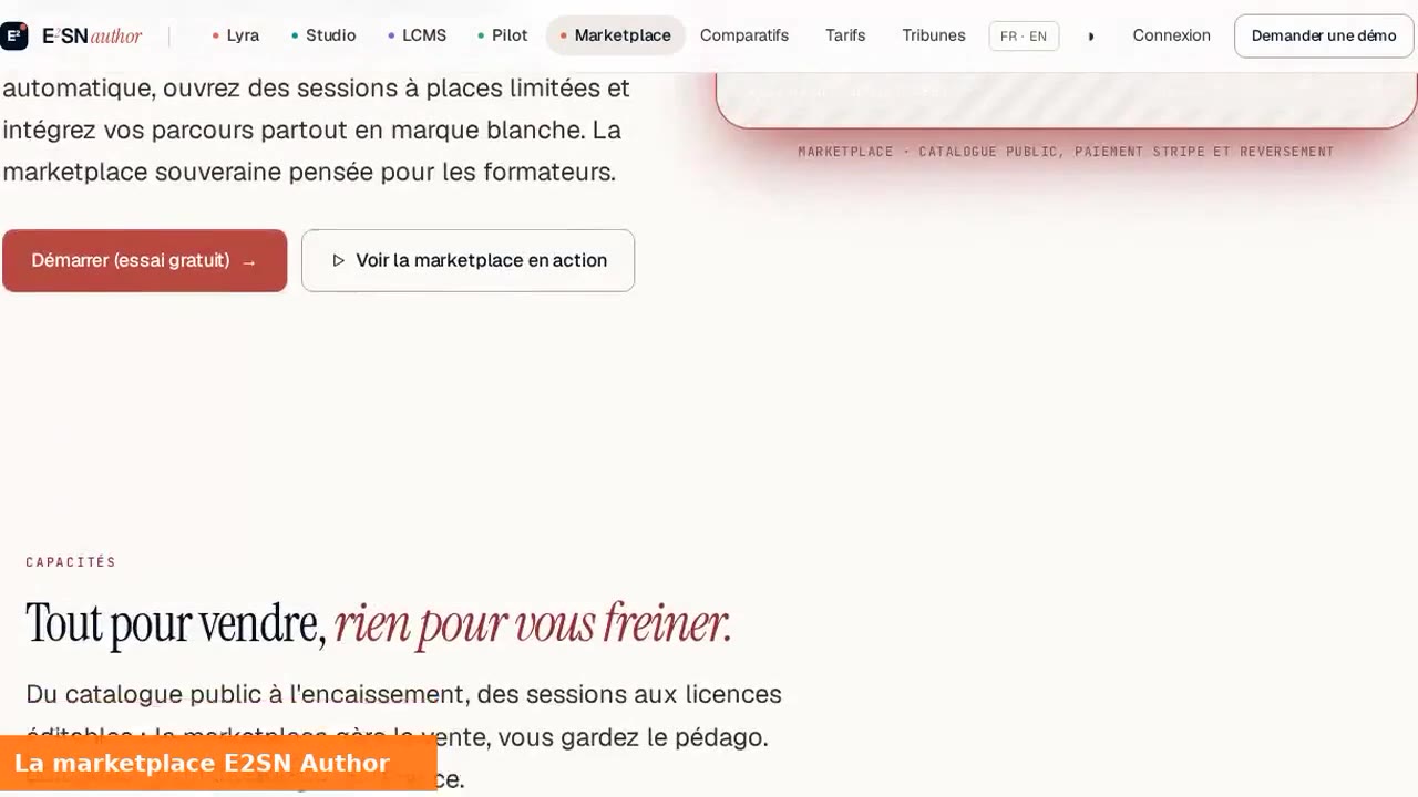 Marketplace · catalogue public, paiement Stripe et reversement